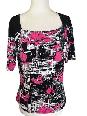 Donna Black & Pink Graphic Square-Neck Short Sleeve Top L